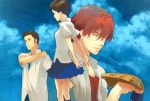  brown_hair cloud clouds green_eyes habuki konno_makoto lowres mamiya_chiaki miniskirt pleated_skirt red_hair redhead school_uniform short_hair skirt sky toki_wo_kakeru_shoujo tsuda_kousuke 