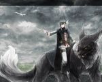  clouds creature dagger dragon fantasy nemu_(isaya) nemu_(pixiv) original pixiv pixiv_fantasia pixiv_fantasia_3 pointy_ears rain riding sky weapon wolf 