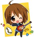  brown_eyes brown_hair chibi guitar hahifuhe hirasawa_yui instrument k-on! musical_note open_mouth pantyhose school_uniform short_hair solo wink 