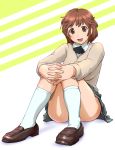  1girl amagami ass bow brown_eyes brown_hair laughing loafers messy_hair miniskirt panchira_sit panties pantyshot pantyshot_sitting sakurai_rihoko school_uniform shoes short_hair sitting skirt smile socks solo sweater ueyama_michirou underwear white_legwear white_socks 