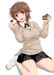  1girl amagami blush brown_eyes brown_hair cake food laughing messy_hair miniskirt pastry pleated_skirt ribbon sakurai_rihoko school_uniform shiruko short_hair sitting skirt smile socks solo sweater 