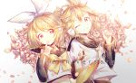 1boy 1girl blonde_hair bow brother_and_sister detached_sleeves finger_to_mouth hair_bow hair_ornament hairclip headphones kagamine_len kagamine_rin lengchan_(fu626878068) neck_bow necktie one_eye_closed sailor_collar short_hair siblings smile treble_clef twins upper_body vocaloid white_bow yellow_neckwear 