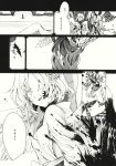  2girls black_wings blood comic feathered_wings greyscale highres hisona_(suaritesumi) kishin_sagume monochrome multiple_girls neck_ribbon page_number ribbon shawl short_hair touhou translation_request wings 