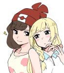  2girls arm_around_neck bangs beanie blonde_hair blush brown_hair collarbone commentary_request green_eyes hair_braid hat kamui87 lillie_(pokemon) long_hair looking_at_another mizuki_(pokemon_sm) multiple_girls no_hat no_headwear open_mouth pokemon pokemon_(game) pokemon_sm red_hat shirt short_hair sleeveless sleeveless_shirt smile sparkle upper_body white_background yuri 