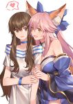  2girls absurdres animal_ears bare_shoulders blue_bow blue_neckwear bow breasts brown_eyes brown_hair cleavage collarbone detached_sleeves fang fate/extella fate/extra fate_(series) fox_ears fox_tail hair_bow hair_ribbon heart highres japanese_clothes kishinami_hakuno_(female) large_breasts long_hair medium_breasts multiple_girls open_mouth pink_hair ribbon simple_background smile speech_bubble tail tamamo_(fate)_(all) tamamo_no_mae_(fate) white_background yellow_eyes yorukun 