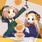  2girls abigail_williams_(fate/grand_order) bangs beret black_bow black_hat blonde_hair blue_eyes bow fate/grand_order fate_(series) food forehead gloves hair_bow hat long_hair multiple_girls open_mouth orange_bow overalls pancake parted_bangs paul_bunyan_(fate/grand_order) short_hair sleeves_past_wrists ume_(pickled_plum) yellow_eyes 