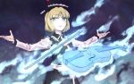  1girl blonde_hair blue_fire bow_(instrument) fire hat instrument looking_at_viewer lunasa_prismriver meimaru_inuchiyo outstretched_arms short_hair skirt solo touhou vest violin yellow_eyes 