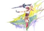  1girl absurdres blue_eyes breasts final_fantasy final_fantasy_xiii final_fantasy_xiii-2 gloves highres jewelry long_hair necklace nick-ian pink_hair serah_farron side_ponytail skirt solo thigh-highs weapon 