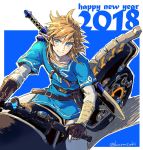  1boy 2018 bicycle blonde_hair blue_eyes gloves ground_vehicle link looking_at_viewer male_focus pointy_ears ponytail smile solo spoilers tak_(karasuki) the_legend_of_zelda the_legend_of_zelda:_breath_of_the_wild 