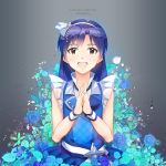  1girl :d bare_arms bare_shoulders blue_dress blue_flower blue_hair blue_rose blush brown_hair character_name copyright_name dress floral_background flower glint hair_ribbon hairband highres idolmaster idolmaster_(classic) kisaragi_chihaya leaf long_hair looking_at_viewer ns.x open_mouth own_hands_together ribbon rose shiny shiny_hair sleeveless sleeveless_dress smile solo straight_hair tareme white_hairband wristband 