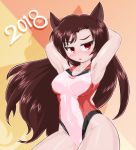  1girl 2018 animal_ears arms_behind_back black_hair competition_swimsuit cowboy_shot imaizumi_kagerou long_hair looking_at_viewer one-piece_swimsuit red_eyes shadow solo swimsuit touhou white_swimsuit winn wolf_ears 