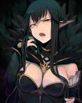  1girl adjusting_hair angry bare_shoulders black_hair breasts cleavage detached_sleeves fate/apocrypha fate_(series) highres large_breasts long_hair open_mouth pointy_ears semiramis_(fate) upper_body walzrj yellow_eyes 