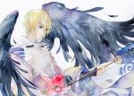  1boy black_feathers black_wings blonde_hair blue_eyes daitengu fan hiroshiko_awasan holding holding_fan long_sleeves looking_to_the_side male_focus onmyoji solo traditional_media upper_body watercolor_(medium) wings 