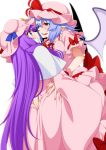  2girls ass_grab bat_wings blue_hair bow capelet dress eichi_yuu eye_contact fang fang_out grabbing_another&#039;s_ass groping hat hat_ribbon highres licking_lips long_hair looking_at_another mob_cap multiple_girls patchouli_knowledge pink_dress pink_hat pointy_ears purple_hair red_bow red_eyes red_ribbon remilia_scarlet ribbon sash short_sleeves simple_background tongue tongue_out touhou very_long_hair violet_eyes white_background wings wrist_cuffs yuri 