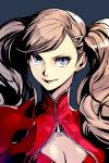  1girl blue_background blue_eyes breasts cat_mask cleavage closed_mouth hair_ornament hairclip hankuri jacket long_hair looking_at_viewer mask mask_removed persona persona_5 pink_hair red_jacket simple_background smile solo takamaki_anne twintails upper_body zipper 