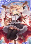 1girl akkijin amulet blonde_hair blue_eyes blue_sky boots card_(medium) frilled_skirt frills japanese_clothes jewelry jumping looking_at_viewer shinkai_no_valkyrie short_hair skirt sky solo sunrise thigh-highs tiara tongue tongue_out weapon 
