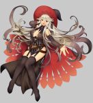  1girl absurdres bangs bare_shoulders black_legwear blush breasts cleavage detached_sleeves garter_straps granblue_fantasy hair_between_eyes hat highres ju-zika large_breasts long_hair looking_at_viewer magisa_(granblue_fantasy) silver_hair smile solo thigh-highs violet_eyes witch_hat 