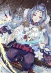  androgynous black_legwear braid character_request eyebrows gamensiel grey_hair looking_at_viewer onmyoji parted_lips red_eyes sitting snow snow_bunny snowflakes snowman solo 
