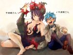 1boy 1girl barefoot blue_hair bow bowtie brush commentary fate/grand_order fate_(series) glasses hans_christian_andersen_(fate) katsushika_hokusai_(fate/grand_order) octopus_hair_ornament purple_hair tentacle trait_connection 