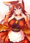  1girl animal_ears blue_eyes blush breasts brooch brown_hair cleavage collarbone fang highres imaizumi_kagerou jewelry koha large_breasts long_hair skirt solo sweatdrop tagme tail touhou wolf_ears wolf_tail 