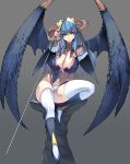  1girl blue_hair breasts demon_girl demon_wings erect_nipples green_eyes grey_background highres hips horns large_breasts leg_up legs masao original simple_background solo sword thigh-highs thighs weapon white_legwear wings 