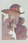    1girl blonde_hair blush collared_shirt commentary_request hat holding leaning_forward little_witch_academia long_sleeves looking_down mushroom muted_color parted_lips purple_hat purple_robe red_eyes robe sexually_suggestive shirt smile solo sucy_manbavaran suggestive_fluid tim_loechner vial wide_sleeves wing_collar witch witch_hat 