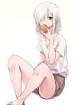  1girl bare_legs belt brown_shorts eating food grey_eyes hair_over_one_eye highres holding holding_food mooncake no_socks one_eye_covered oopartz_yang open_mouth original sandals shirt short_hair short_sleeves shorts simple_background sitting solo white_background white_hair white_shirt 