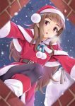  1girl belt belt_buckle black_legwear boots brown_hair buckle chimney eyebrows_visible_through_hat from_below hat idolmaster idolmaster_cinderella_girls kamiya_nao long_hair long_sleeves looking_at_viewer miri_(ago550421) open_mouth pantyhose red_eyes sack santa_costume santa_hat signature snow snowing solo sparkle thick_eyebrows 