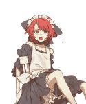  ... 1girl alien_(psr992) alternate_costume apron bare_legs bare_shoulders black_bow black_hair bow chair commentary_request enmaided hair_bow highres korean looking_at_viewer maid maid_headdress red_eyes redhead sekibanki short_hair simple_background sitting solo sweatdrop touhou white_background 