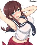  1girl absurdres aqua_eyes arm_behind_head arm_up armpits blush bouncing_breasts braid breasts brown_hair cleavage collarbone eyebrows_visible_through_hair highres kantai_collection kiritto large_breasts long_hair looking_at_viewer midriff navel noshiro_(kantai_collection) open_mouth pleated_skirt red_skirt sailor_collar simple_background skirt solo twin_braids twitter_username upper_body white_background 