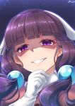 1girl arkfield artist_name bangs blend_s blunt_bangs dated evil_grin evil_smile eyebrows_visible_through_hair face gloves grin hair_bobbles hair_ornament half-closed_eyes hand_on_own_chin head_scarf light_trail long_hair looking_at_viewer low_twintails sakuranomiya_maika shaded_face smile solo sparkle twintails upper_body violet_eyes white_gloves 
