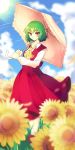  1girl absurdres ascot blue_sky blurry breasts closed_mouth clouds collared_shirt colored_eyelashes day depth_of_field eyebrows eyebrows_visible_through_hair facing_away flower frilled_umbrella frills garden_of_the_sun green_hair highres holding holding_umbrella kazami_yuuka kuromiya_yurin leaf legs_together long_skirt long_sleeves looking_at_viewer medium_breasts open_clothes open_vest petals pink_umbrella red_eyes red_footwear red_skirt red_vest shirt shoes short_hair skirt skirt_set sky smile socks solo standing sun sunflower touhou tsurime umbrella vest white_legwear white_shirt wind yellow_neckwear 