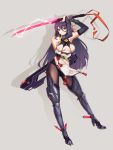  1girl bare_shoulders black_hair black_legwear breasts character_request choudan cleavage_cutouts fighting_stance grey_background highres jidong_zhandui large_breasts looking_at_viewer mechanical_legs medium_breasts oboro_(jidong_zhandui) panties panties_under_pantyhose pantyhose red_eyes sheath solo standing sword underwear weapon 