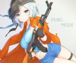  1girl black_gloves blue_eyes blush breasts chromatic_aberration closed_mouth dennou_shoujo_youtuber_shiro eyebrows_visible_through_hair fingerless_gloves gloves gun habu. helmet holding holding_gun holding_weapon large_breasts looking_at_viewer navel playerunknown&#039;s_battlegrounds shiro_(dennou_shoujo_youtuber_shiro) short_hair sideboob smile solo weapon white_hair 