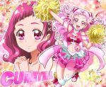  2girls :d bow character_name closed_mouth cure_yell double_bun dual_persona flower full_body hair_flower hair_ornament hair_ribbon hands_clasped hanzou heart_hair_ornament holding hugtto!_precure layered_skirt long_hair looking_at_viewer magical_girl multiple_girls navel nono_hana open_mouth own_hands_together pink_eyes pink_footwear pink_hair pink_shirt pink_skirt pleated_skirt pom_poms precure red_ribbon ribbon shirt shoes skirt sleeveless sleeveless_shirt smile thigh-highs white_bow white_legwear zettai_ryouiki 