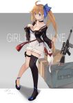  1girl absurdres ahoge ammo_box animal battle_rifle black_bra black_footwear black_legwear blonde_hair blue_bow blue_eyes blush bow box bra breasts cardboard_box choker cleavage collarbone commentary_request cross dated dress eyebrows_visible_through_hair fal_(girls_frontline) fn_fal full_body girls_frontline gun hair_bow hand_on_breast high_heels highres holding holding_hair jacket kinto-kuwa knife kukri lace lace-trimmed_bra lingerie long_hair long_sleeves looking_at_viewer medium_breasts off_shoulder pouch rifle scope shoe_bow shoes side_ponytail signature single_thighhigh solo standing thigh-highs thigh_strap traditional_media underwear watercolor_pencil_(medium) weapon white_dress 
