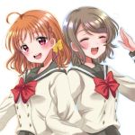  2girls ahoge arm_up bangs blush bow bowtie braid brown_hair eneco eyebrows_visible_through_hair hair_bow long_sleeves looking_at_viewer love_live! love_live!_sunshine!! multiple_girls orange_hair pink_eyes red_bow round_teeth school_uniform serafuku shiny shiny_hair short_hair side_braid simple_background swept_bangs takami_chika tareme teeth upper_body uranohoshi_school_uniform watanabe_you white_background yellow_bow 