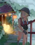  1girl bare_shoulders black_gloves blonde_hair bucket_hat building camera closed_mouth commentary creature gloves green_eyes grey_legwear hat highres lantern looking_back low_twintails original outdoors paper_lantern pouch railing shoes smile socks stairs tim_loechner twintails walking 