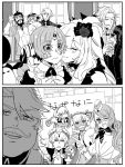  2koma abs altera_the_santa blush bottle character_doll character_request cheek_kiss closed_eyes comic earmuffs earrings edward_teach_(fate/grand_order) eyewear_on_head fake_mustache fate/grand_order fate_(series) flower frankenstein&#039;s_monster_(fate) gilgamesh gilgamesh_(caster)_(fate) greyscale hair_flower hair_ornament hand_puppet highres holding holding_bottle horn imminent_kiss jewelry kiss koyanskaya kyouna long_hair looking_at_another looking_at_viewer maid marie_antoinette_(fate/grand_order) medjed messy_hair monochrome multiple_boys multiple_girls nitocris_(fate/grand_order) one_eye_closed open_clothes open_shirt out_of_frame puppet sheep shirt short_hair sign translation_request water_bottle yuri 