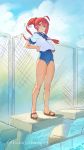  1girl ahoge bare_legs bird blue_sailor_collar blue_sky blue_swimsuit character_request closed_mouth clouds cloudy_sky commentary_request copyright_request day fence hair_ornament hairclip hands_on_hips highres light_smile long_hair looking_at_viewer necktie no_socks one-piece_swimsuit outdoors pool red_eyes red_neckwear redhead sailor_collar sandals school_swimsuit school_uniform serafuku shirt short_sleeves sky smile solo standing swimsuit tim_loechner twitter_username white_shirt x_hair_ornament 