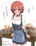  1girl alcohol alternate_costume apron barmaid beer blue_apron breasts brown_eyes brown_hair commentary_request corset dated dirndl embarrassed food german_clothes giraffe_(ilconte) highres kantai_collection looking_at_viewer oktoberfest pretzel puffy_short_sleeves puffy_sleeves short_hair short_sleeves small_breasts solo translation_request twitter_username underbust waist_apron waitress z3_max_schultz_(kantai_collection) 