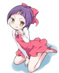  1girl :q amimi blush bow choker closed_mouth dress full_body gegege_no_kitarou high_heels long_sleeves looking_at_viewer nekomusume paw_pose pink_bow pink_choker pink_dress pink_footwear pink_lips purple_hair shirt short_dress short_hair sitting smile tongue tongue_out wariza white_shirt yellow_eyes 