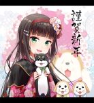  1girl :d animal bangs black_hair bow capelet dog floral_print flower green_eyes hair_bow hair_flower hair_ornament hairpin happy_new_year hirako holding holding_animal holding_dog japanese_clothes kimono kurosawa_dia letterboxed long_hair looking_at_viewer love_live! love_live!_sunshine!! mole mole_under_mouth new_year open_mouth puppy shiitake_(love_live!_sunshine!!) smile solo spoilers twitter_username wide_sleeves 
