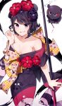  0ye 1girl :d absurdres armpits bare_shoulders bird black_eyes black_kimono blush bow breasts calligraphy_brush checkered checkered_bow cleavage collarbone cowboy_shot fate/grand_order fate_(series) floating flower grin hair_flower hair_ornament hand_up highres holding holding_staff horns japanese_clothes katsushika_hokusai_(fate/grand_order) kimono long_sleeves looking_at_viewer medium_breasts obi octopus off_shoulder open_mouth paintbrush purple_hair sash short_hair simple_background smile solo staff standing tassel teeth violet_eyes white_background wide_sleeves 