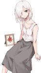  1girl bare_arms bare_shoulders closed_mouth collarbone grey_eyes grey_skirt hair_over_one_eye highres leaf looking_at_viewer maple_leaf one_eye_covered oopartz_yang original portrait_(object) shirt short_hair simple_background skirt sleeveless sleeveless_shirt smile solo white_background white_hair white_shirt 