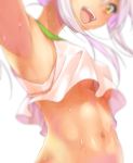  1girl :d armpits blurry breasts depth_of_field dutch_angle midriff navel open_mouth original pink_hair porurin small_breasts smile solo sweat tank_top under_boob upshirt white_background yellow_eyes 