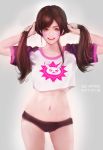  1girl animal_print ap_xn arms_up artist_name bangs black_panties brown_eyes brown_hair bunny_print casual crop_top d.va_(overwatch) dated facial_mark grey_background hand_holding long_hair looking_at_viewer navel overwatch panties raglan_sleeves shirt short_sleeves simple_background solo standing stomach straight_hair swept_bangs twintails underwear whisker_markings white_shirt 