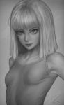  1girl bangs breasts closed_mouth greyscale lips maddie_ziegler monochrome nose real_life short_hair skin_tight small_breasts solo straight_hair umigraphics upper_body 