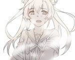  :o abukuma_(kantai_collection) asakawa_shinka buttons collarbone crying crying_with_eyes_open double_bun eyebrows_visible_through_hair hair_between_eyes jacket kantai_collection long_hair looking_at_viewer monochrome neck_ribbon open_mouth remodel_(kantai_collection) ribbon round_teeth sailor_collar school_uniform short_sleeves simple_background tears teeth twintails upper_body 