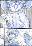  angry body_writing breasts cleavage comic fairy_tail happy_(fairy_tail) japanese_clothes lucy_heartfilia mashima_hiro monochrome natsu_dragneel navel prank sleeping stomach 